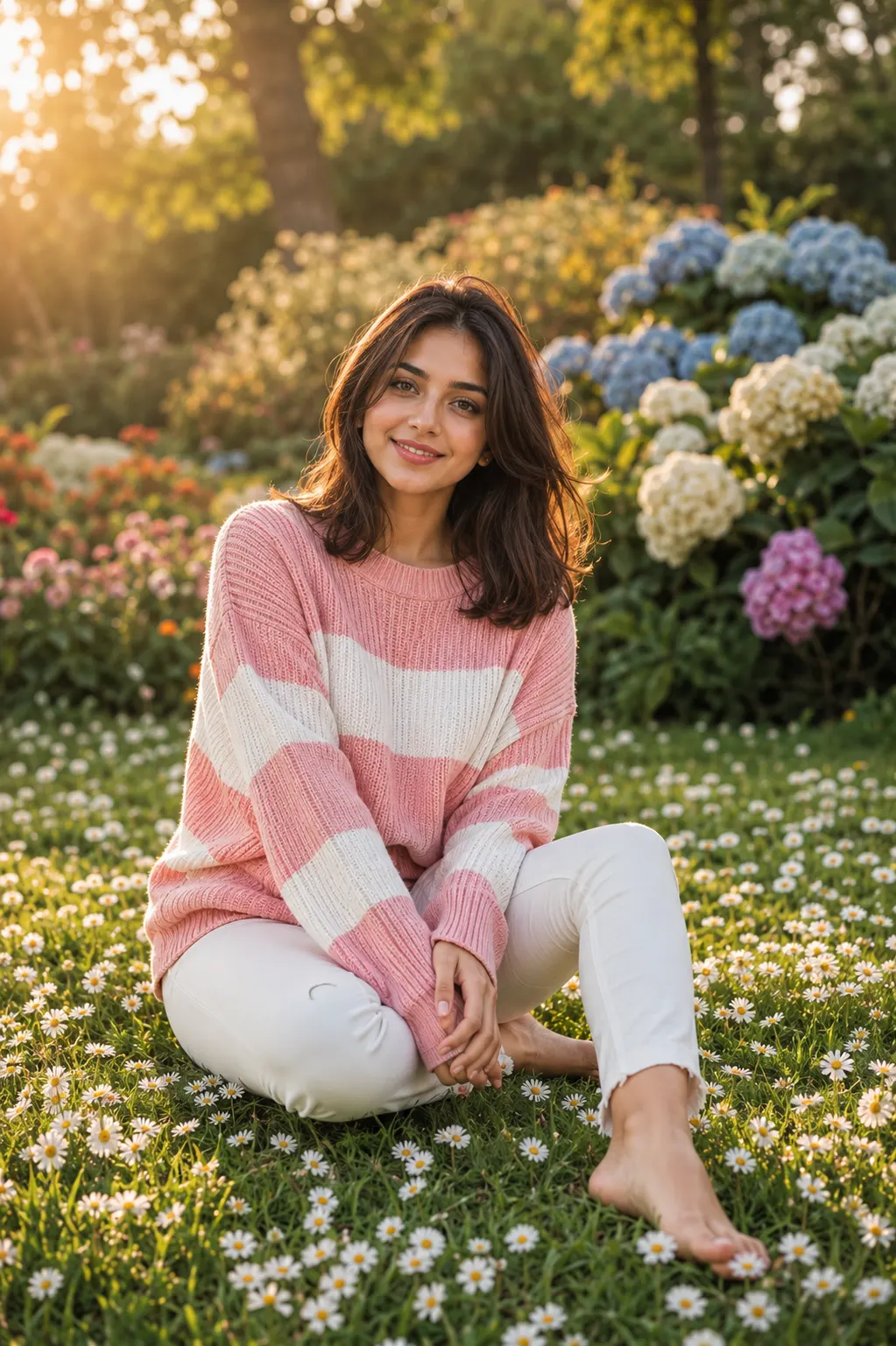 Peaceful Woman Relaxing in a Blooming Garden