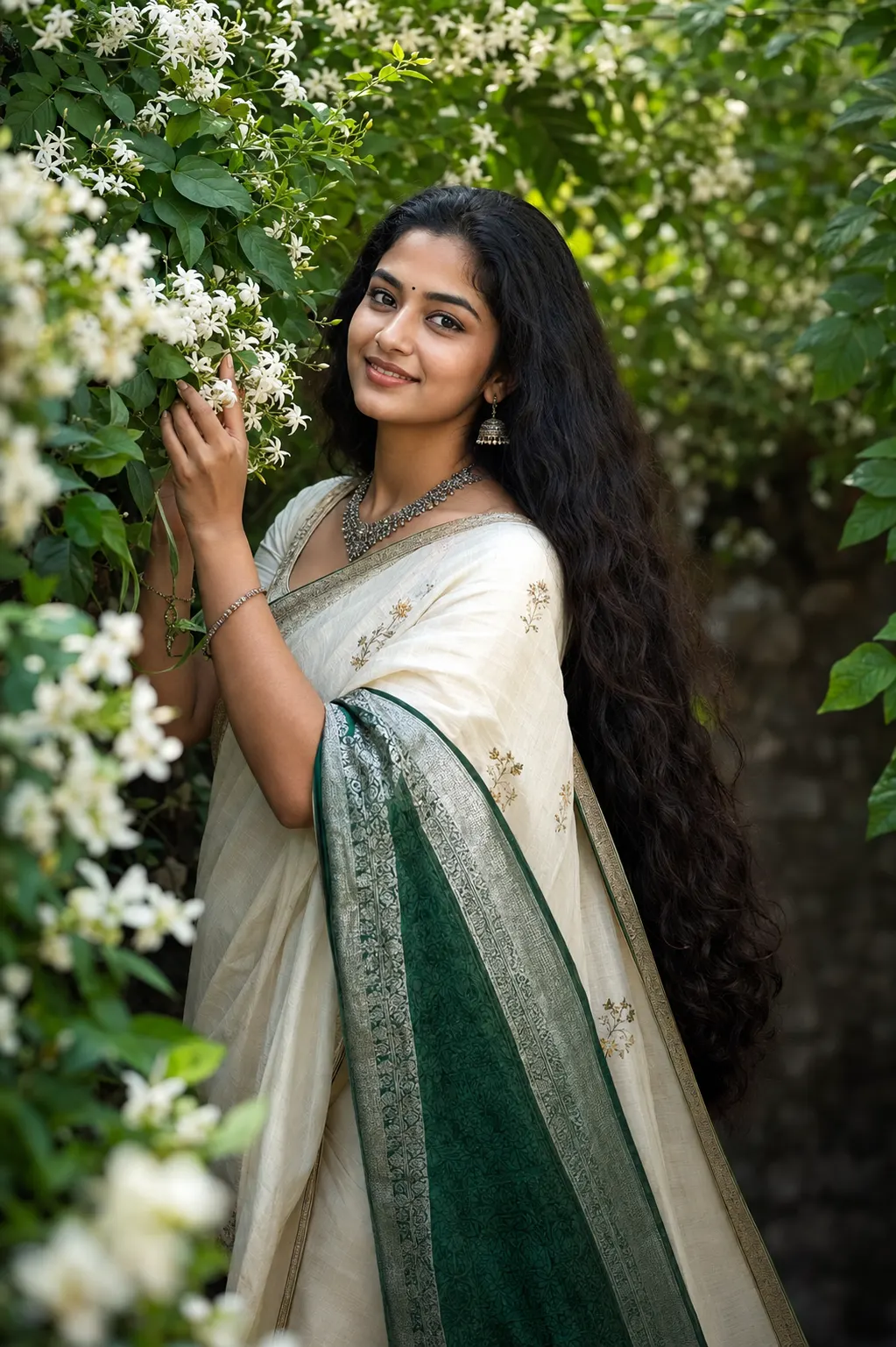 Elegant South Indian Woman in Green Saree Among Blooming Jasmine Flowers