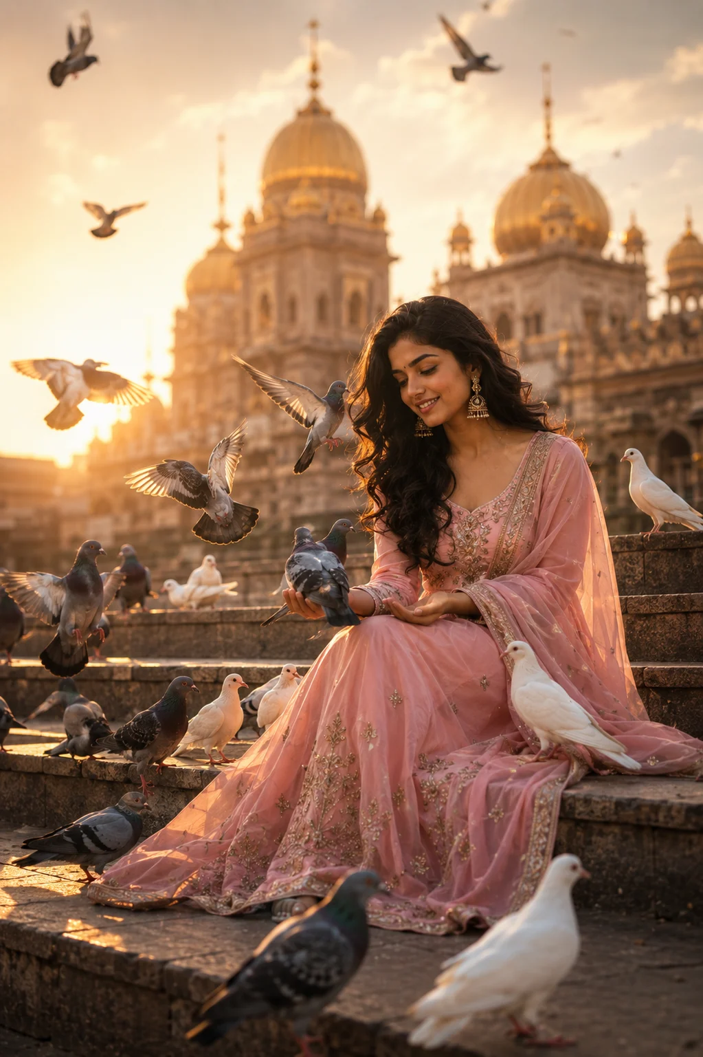 "Golden Serenity with Doves at the Temple"