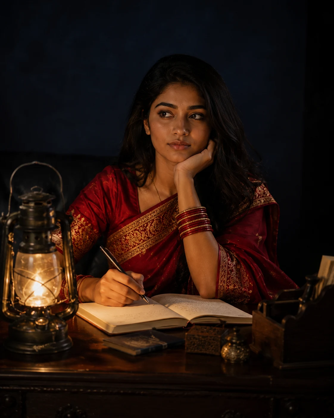 "Elegant Writer in Crimson Saree"