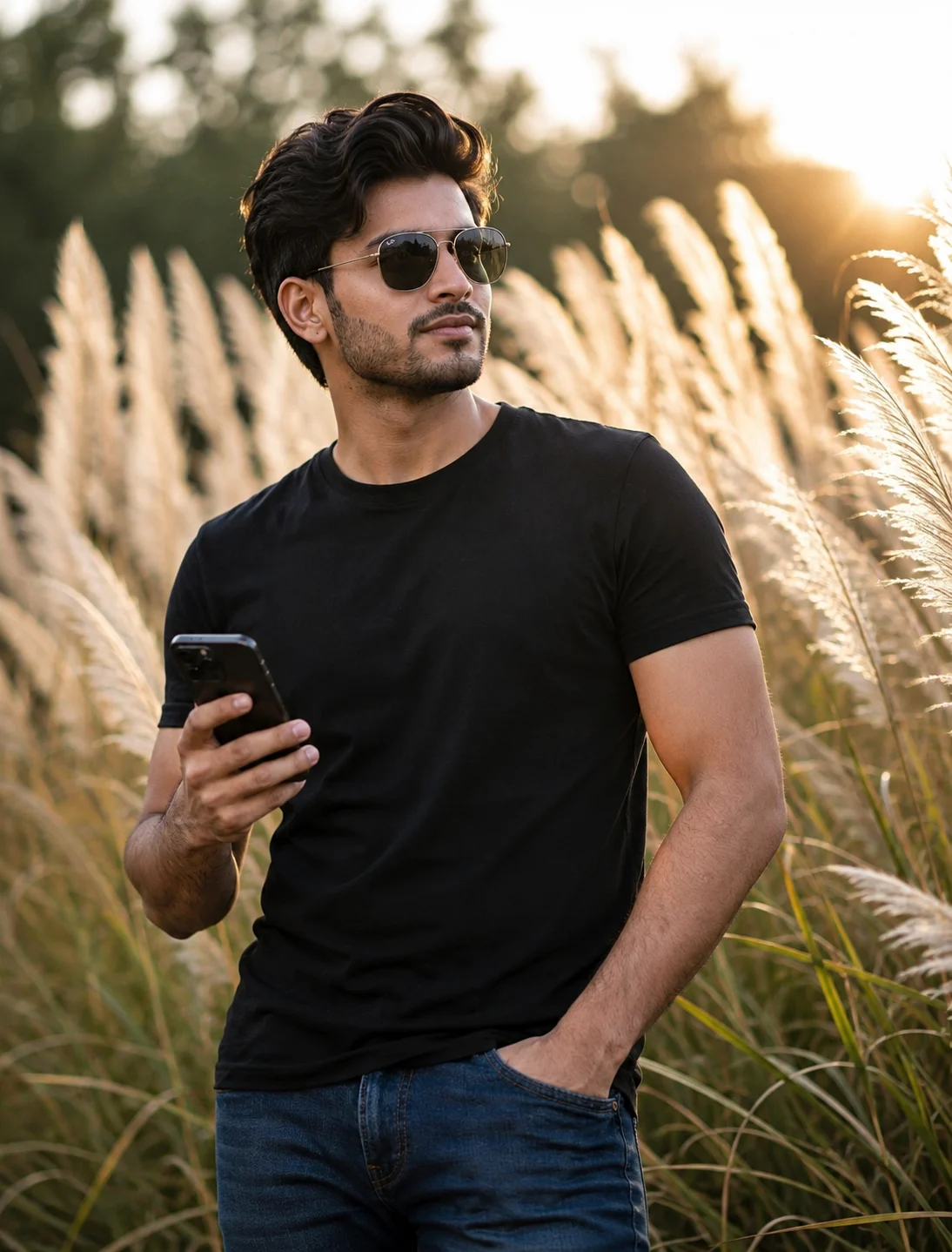 Stylish Young Man in Black T-Shirt with Smartphone