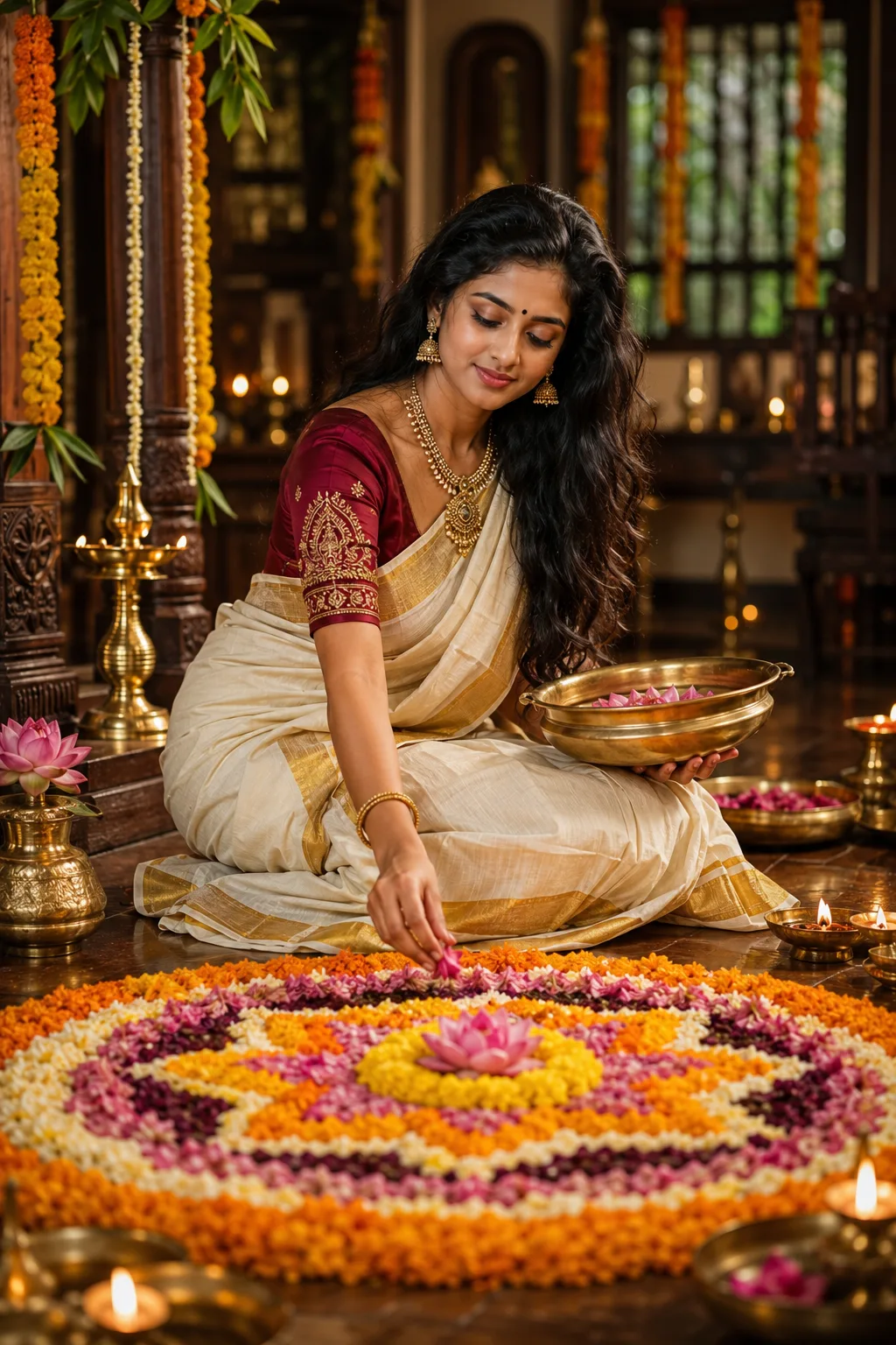 Elegant South Indian Woman Creating a Traditional Pookalam in a Heritage Home