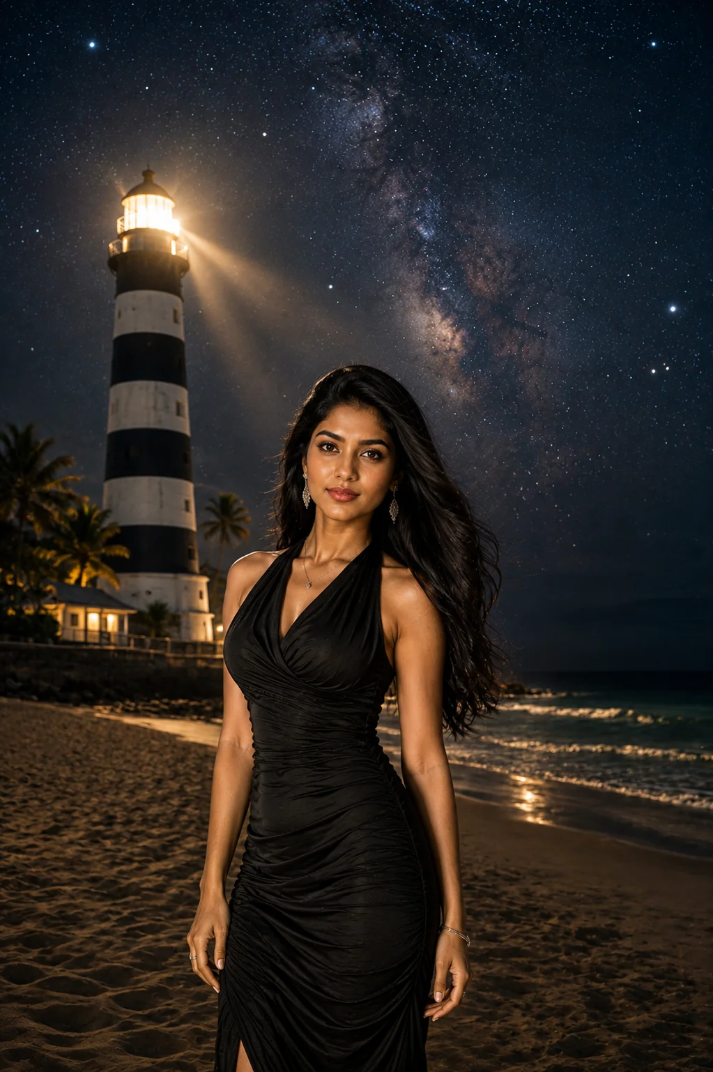 Elegant Woman in Black Evening Dress Under the Milky Way