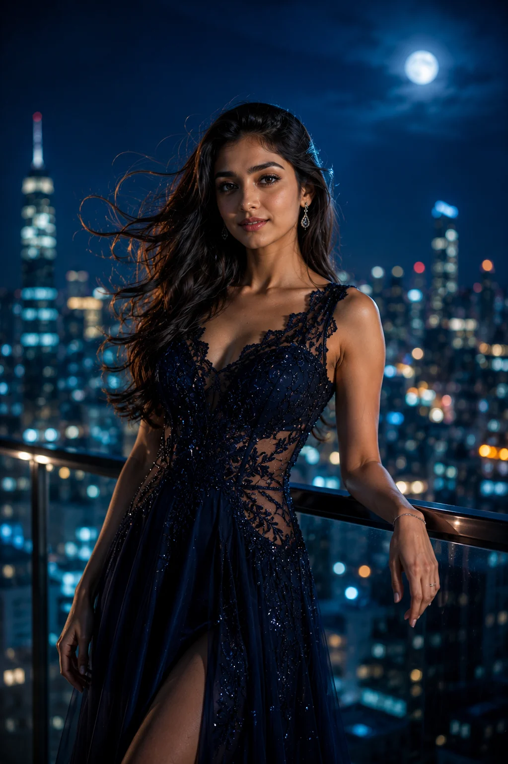 "Midnight Elegance: Beauty Beneath the City Lights"