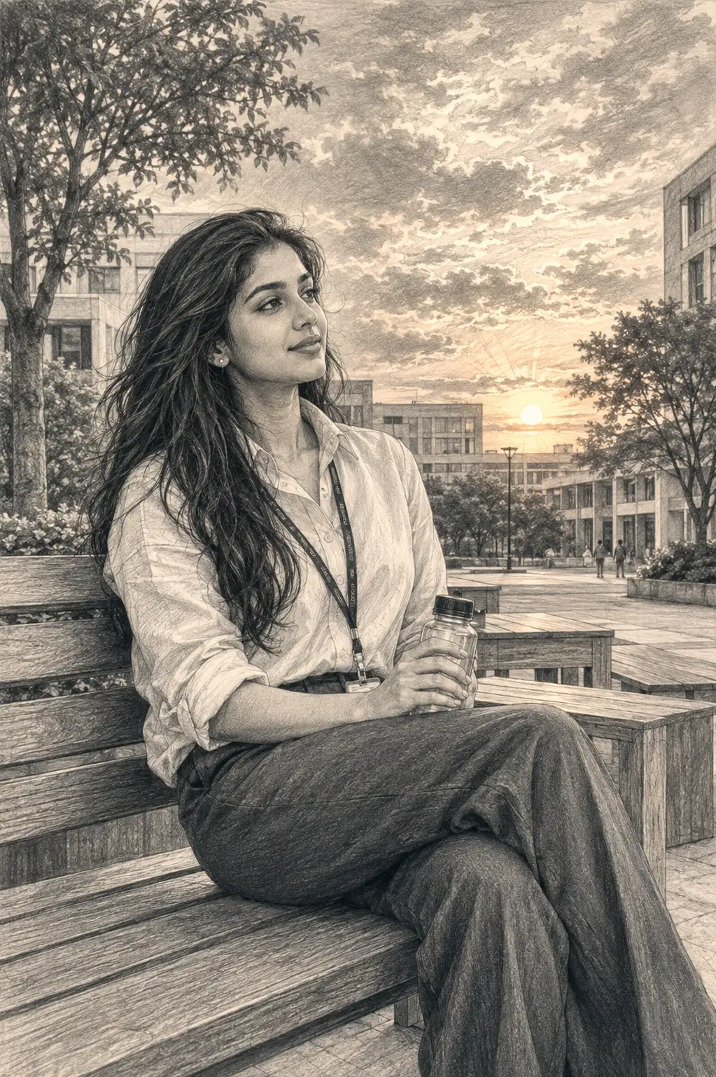 Artistic Pencil Sketch of a Young Woman at Sunset
