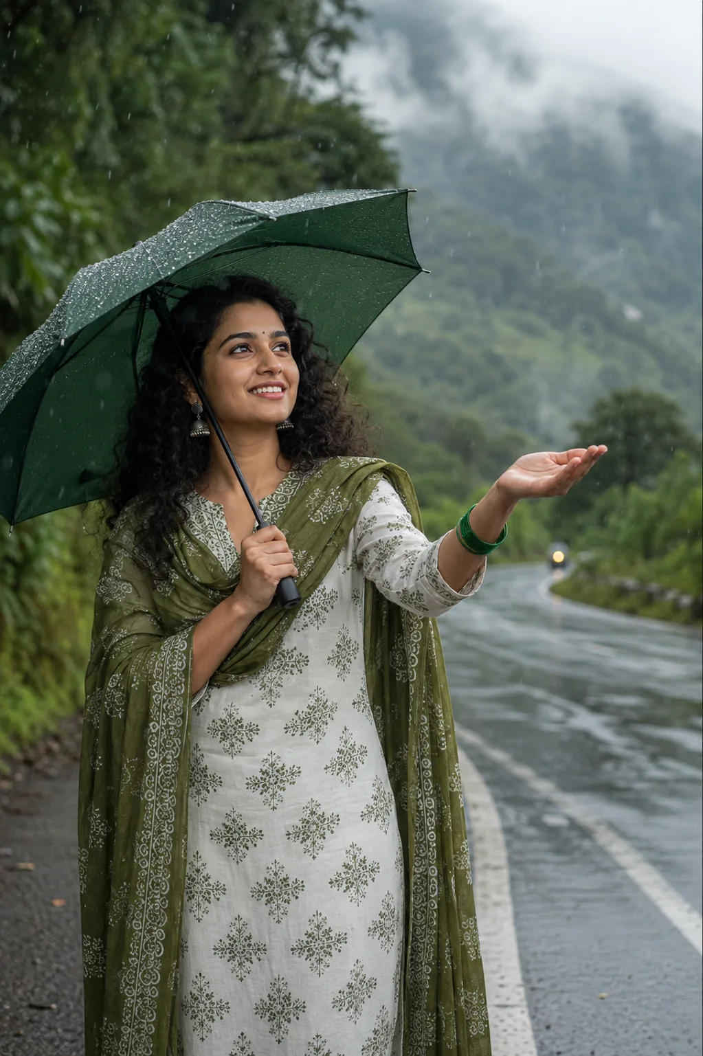 Smiling Young Woman Enjoying the Rain with an Umbrella