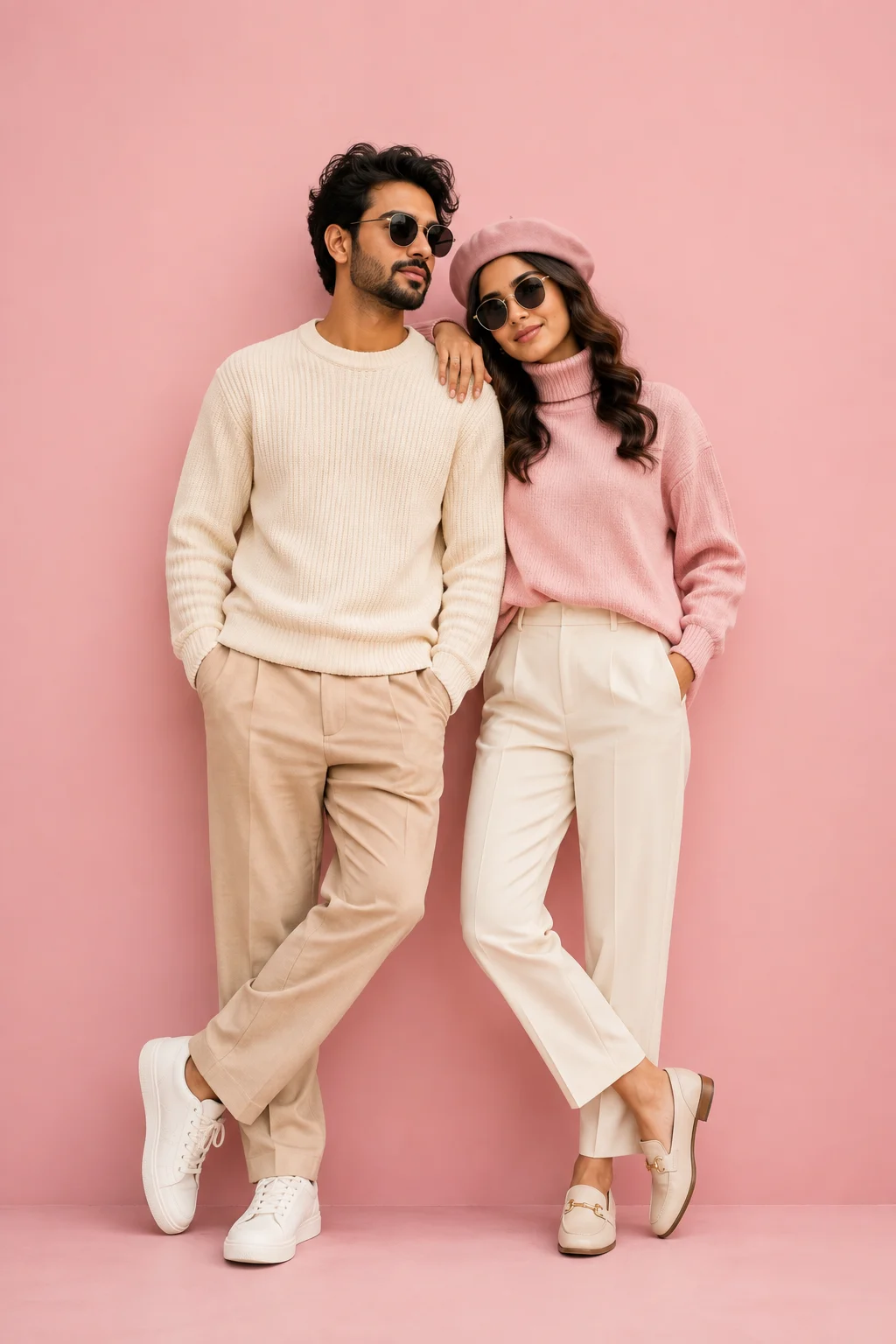 Ultra Realistic Editorial Couple Portrait in Soft Pink Studio