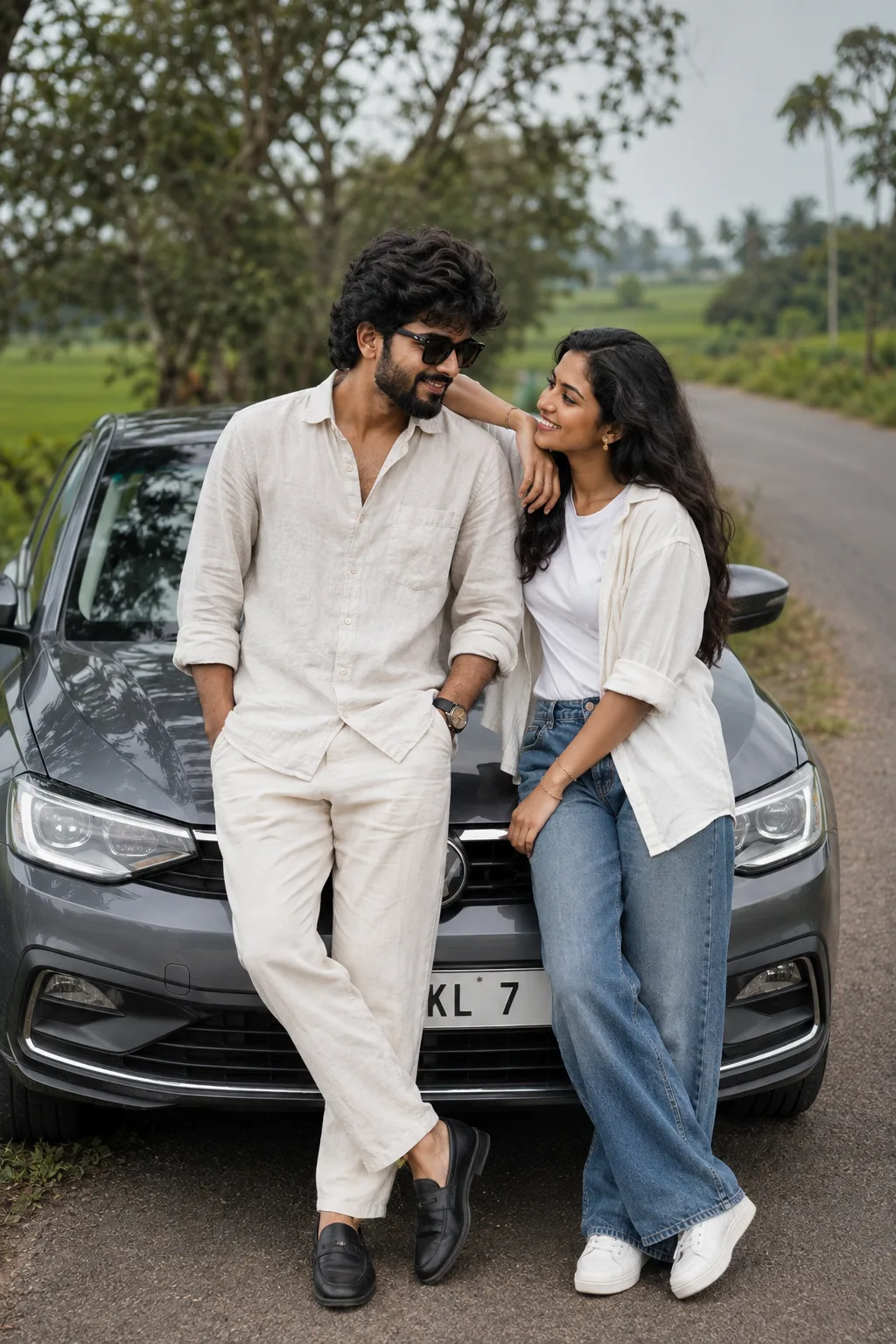 Romantic South Indian Couple by the Countryside Road