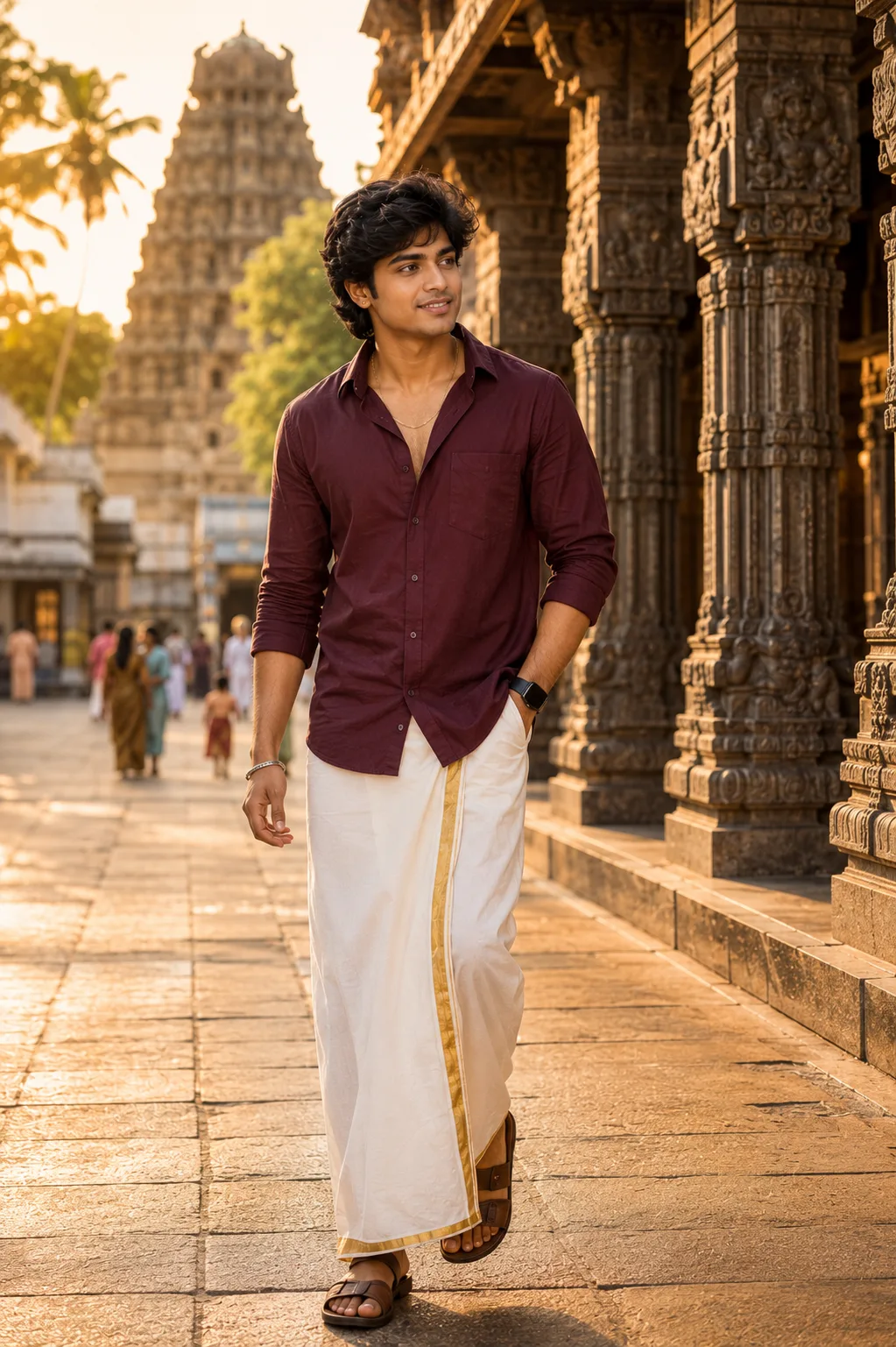 Stylish Young Man in Maroon Shirt and White Veshti