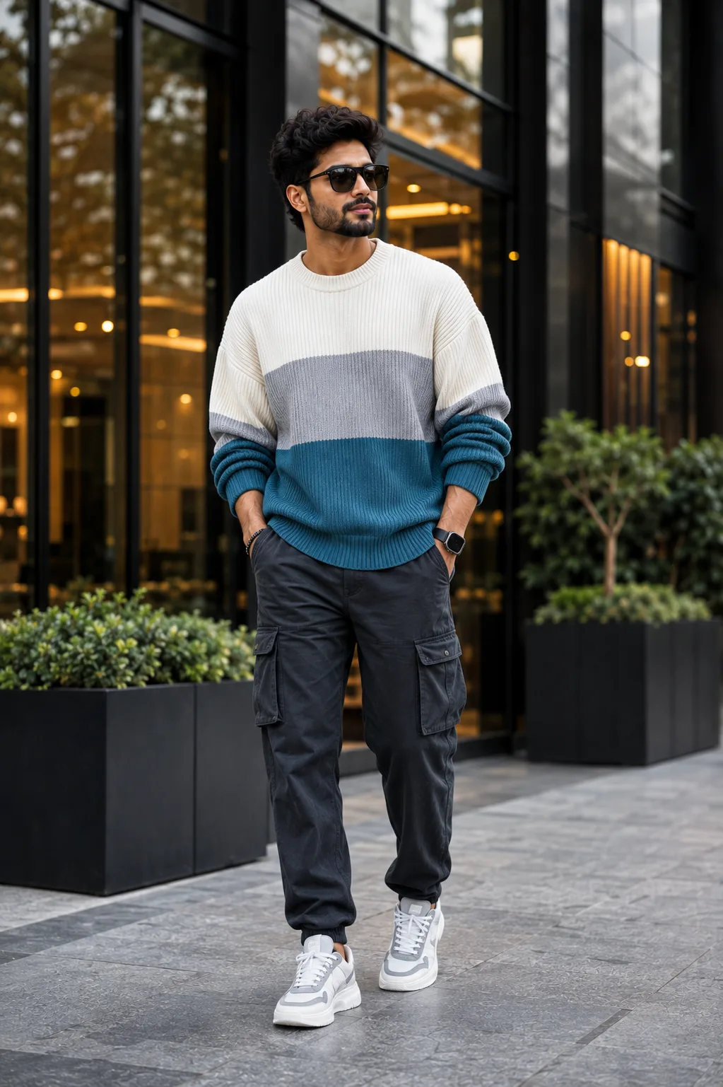 Modern Streetwear Gentleman in Color-Block Sweater