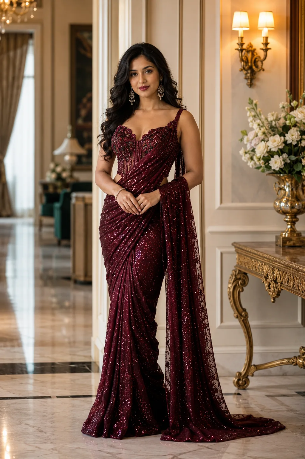 Elegant Woman in Burgundy Designer Saree