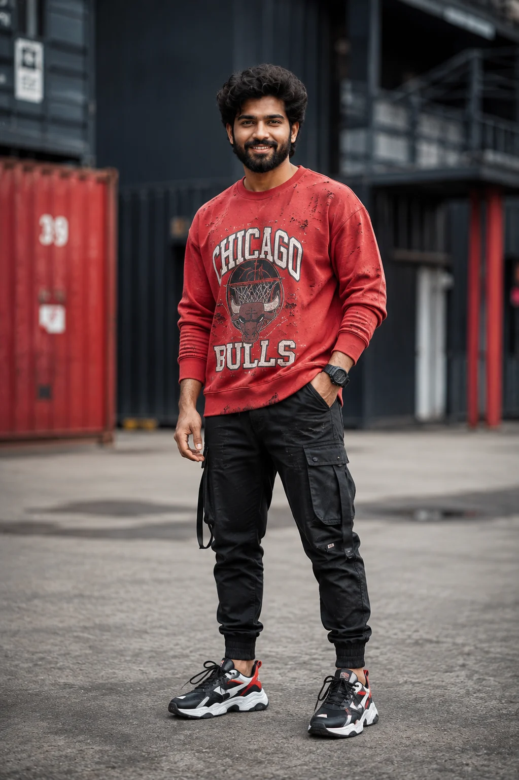 Confident Man in Red Streetwear Sweatshirt