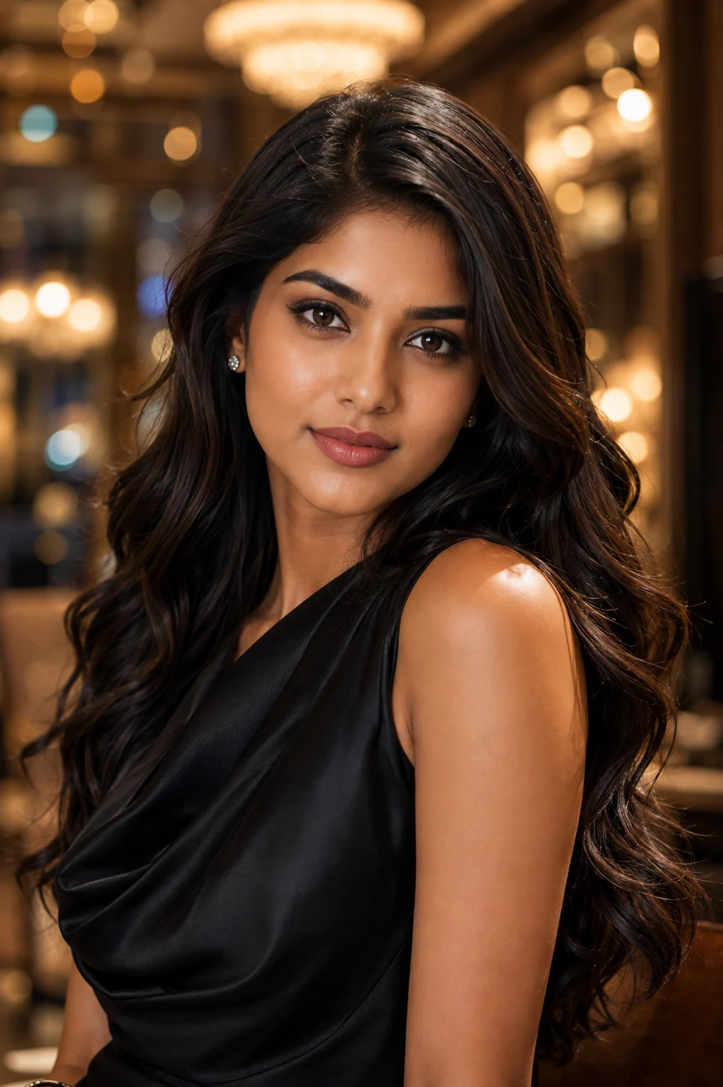 Elegant Young Woman in Black Satin Dress