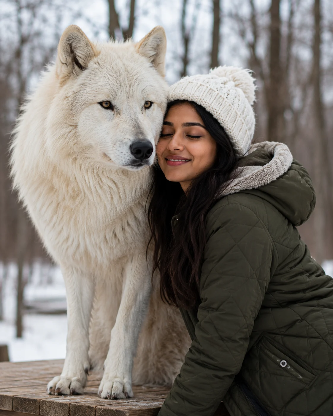 "A Heartwarming Moment with a Majestic White Wolf"