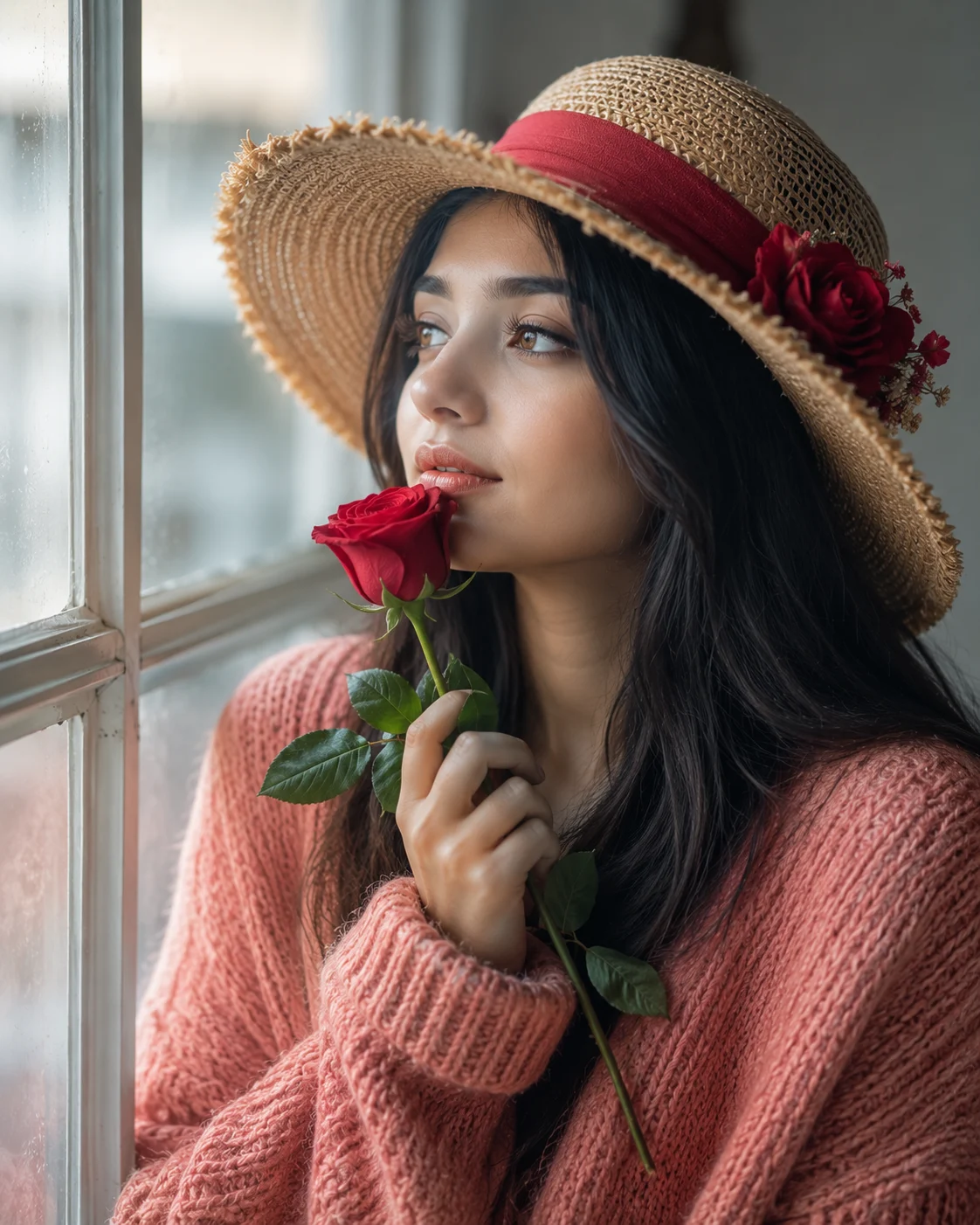 "Lost in a beautiful thought, with a rose in hand and dreams in sight."