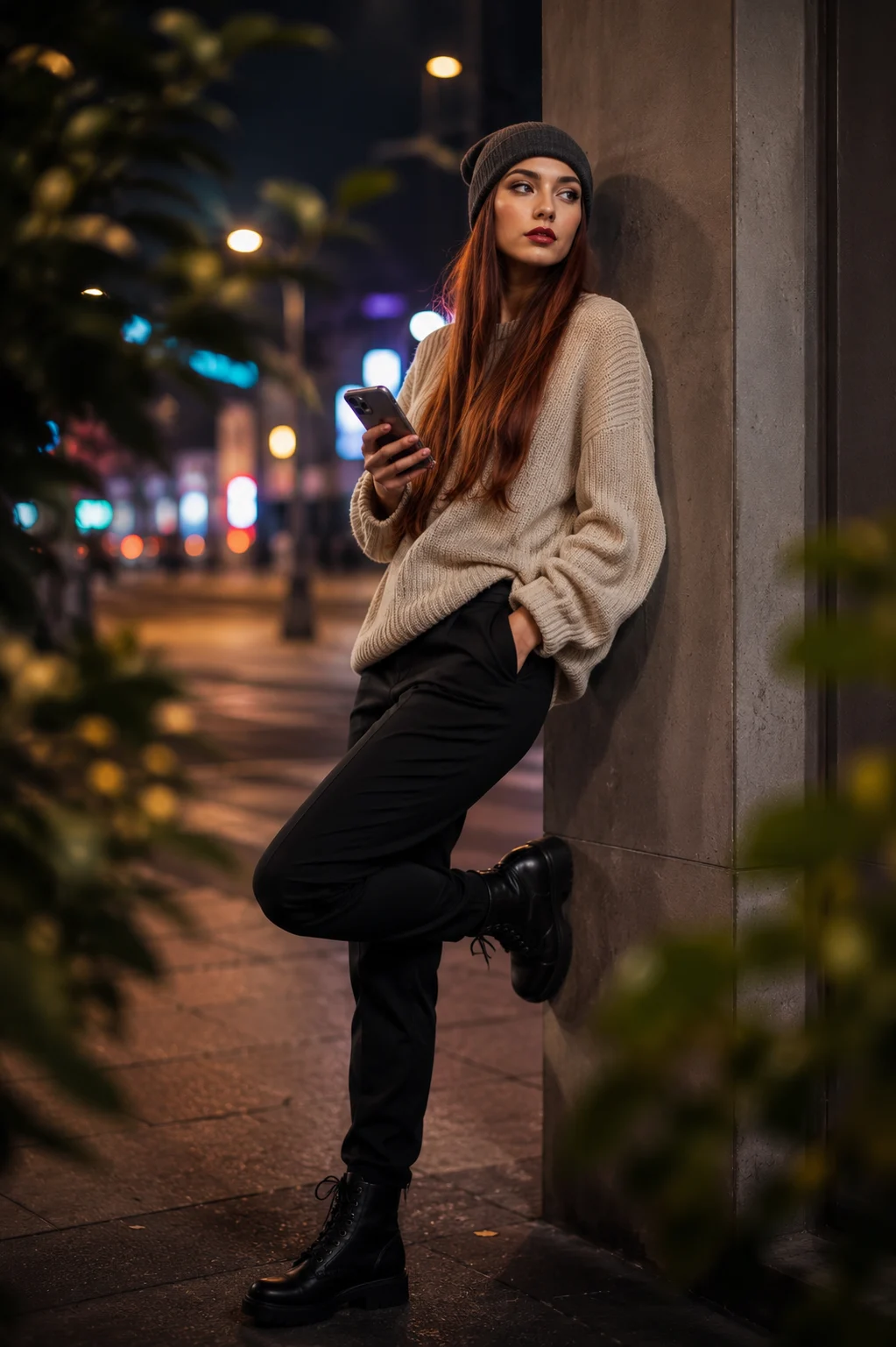 "Cozy Urban Nights: Winter Street Fashion Portrait"