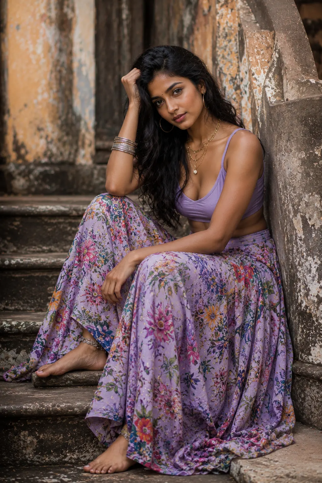 "Bohemian Elegance on Rustic Steps"