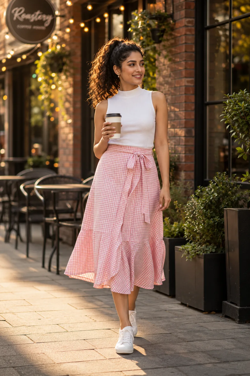 "Coffee Date Chic in Pastel Plaids"