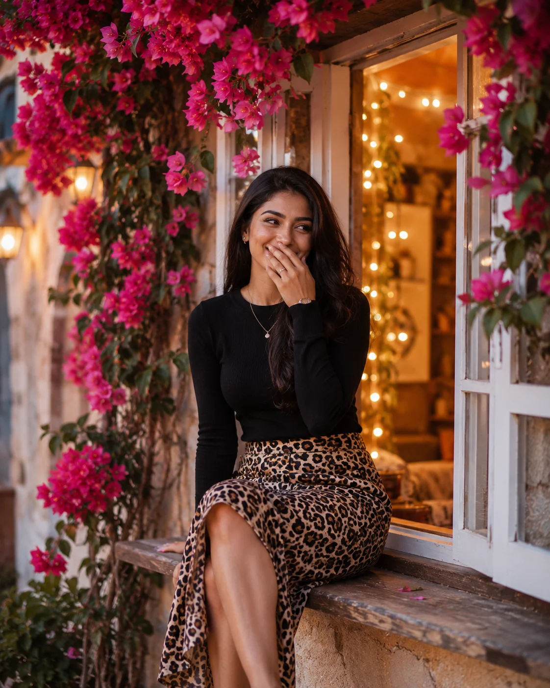 "A Chic Windowside Portrait Amid Bougainvillea Dreams"