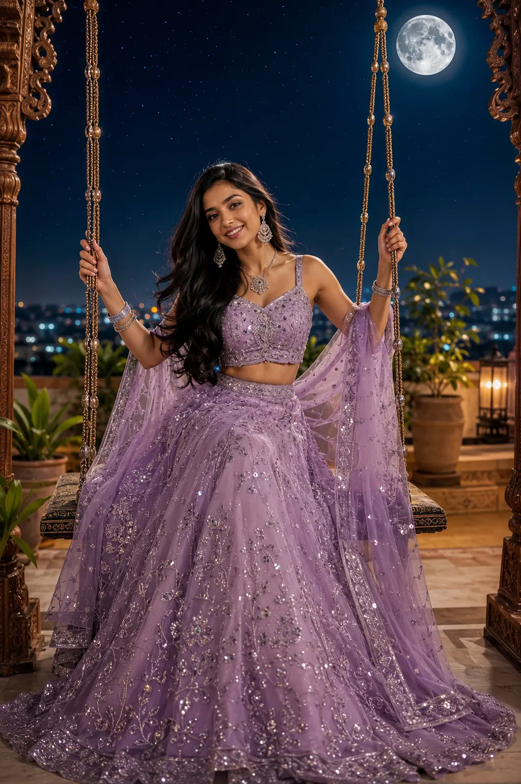 "Royal Lavender Lehenga on a Traditional Swing"