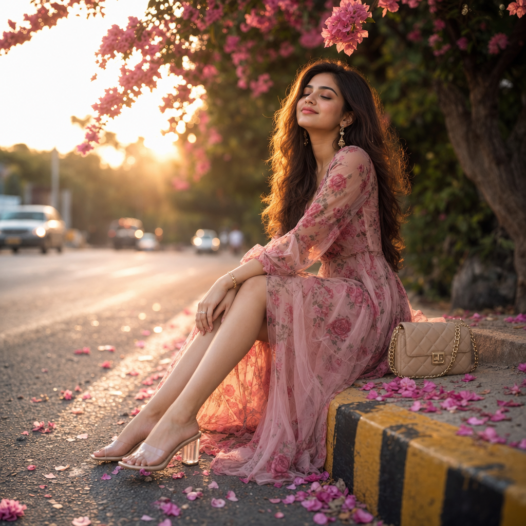 Dreamy Golden-Hour Portrait under Blossoms