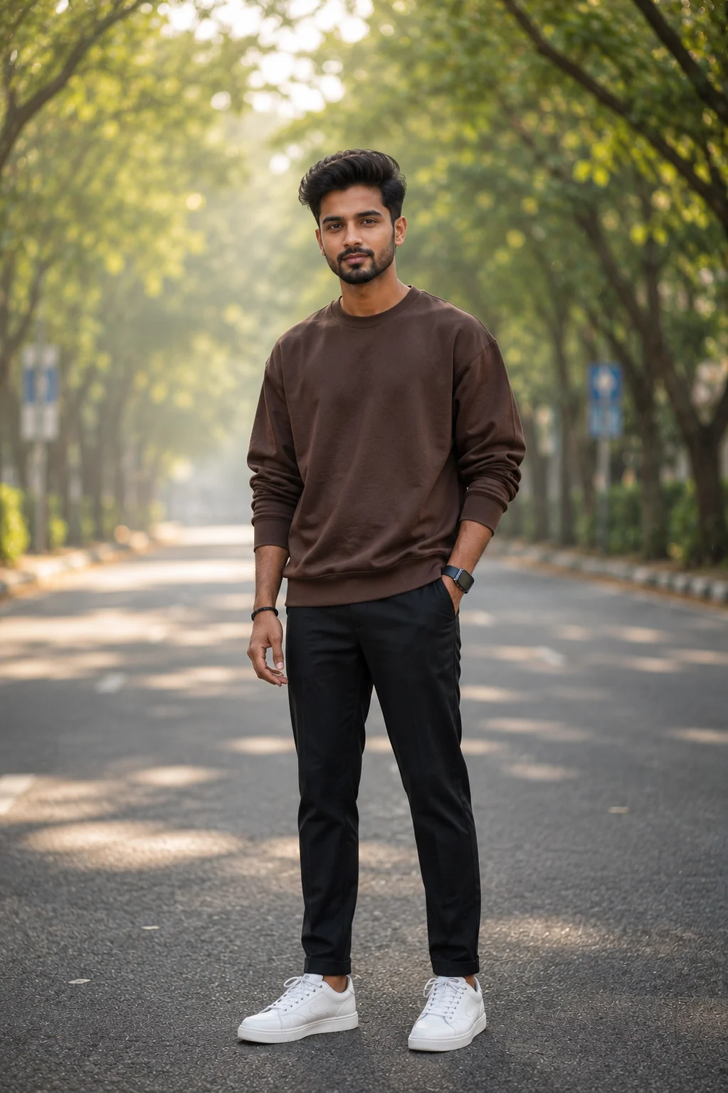 Stylish Young Man on a Tree-Lined Road