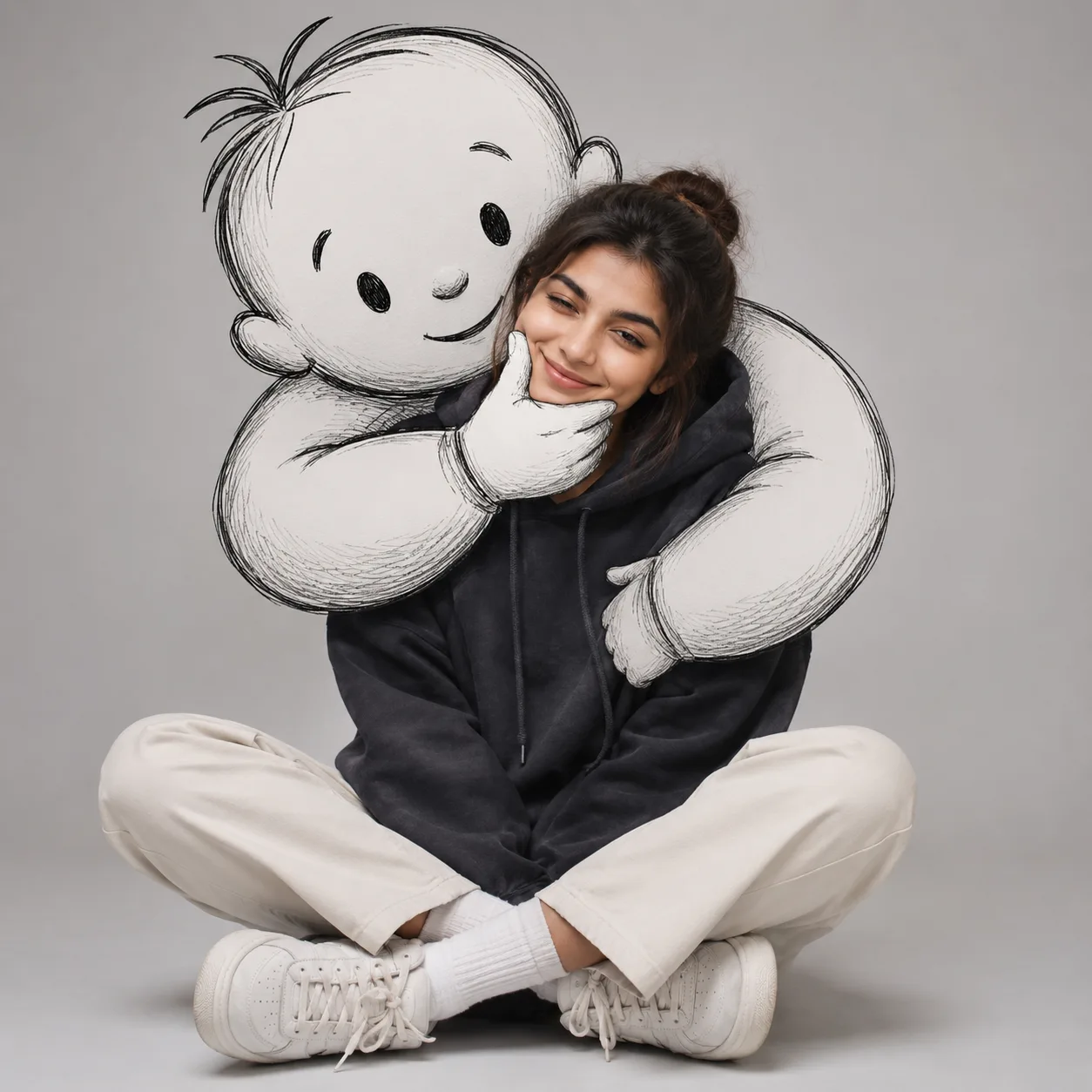 Reality Meets Imagination – Minimalist Doodle Embrace Portrait