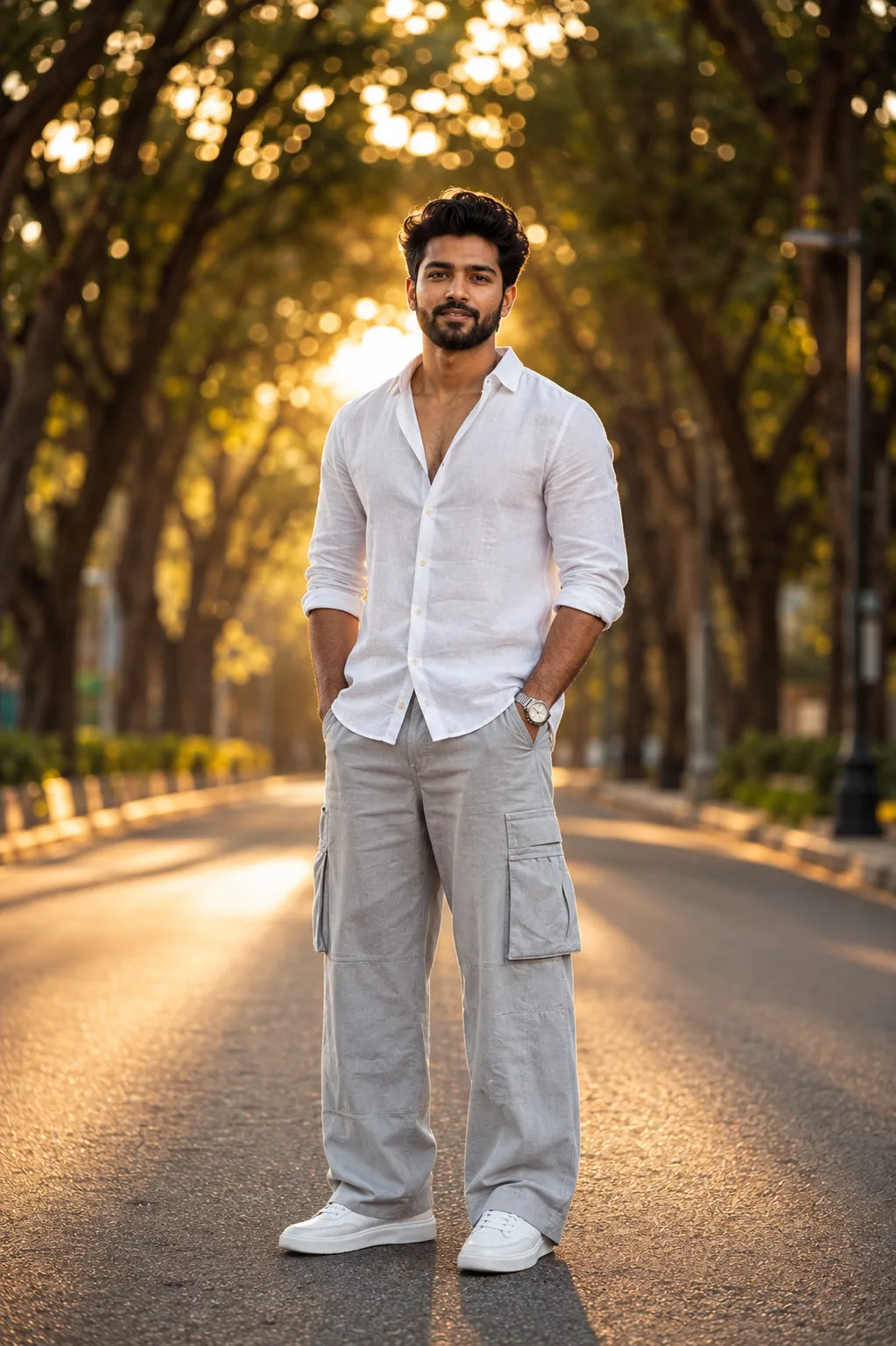 Stylish Man in White Shirt and Cargo Pants