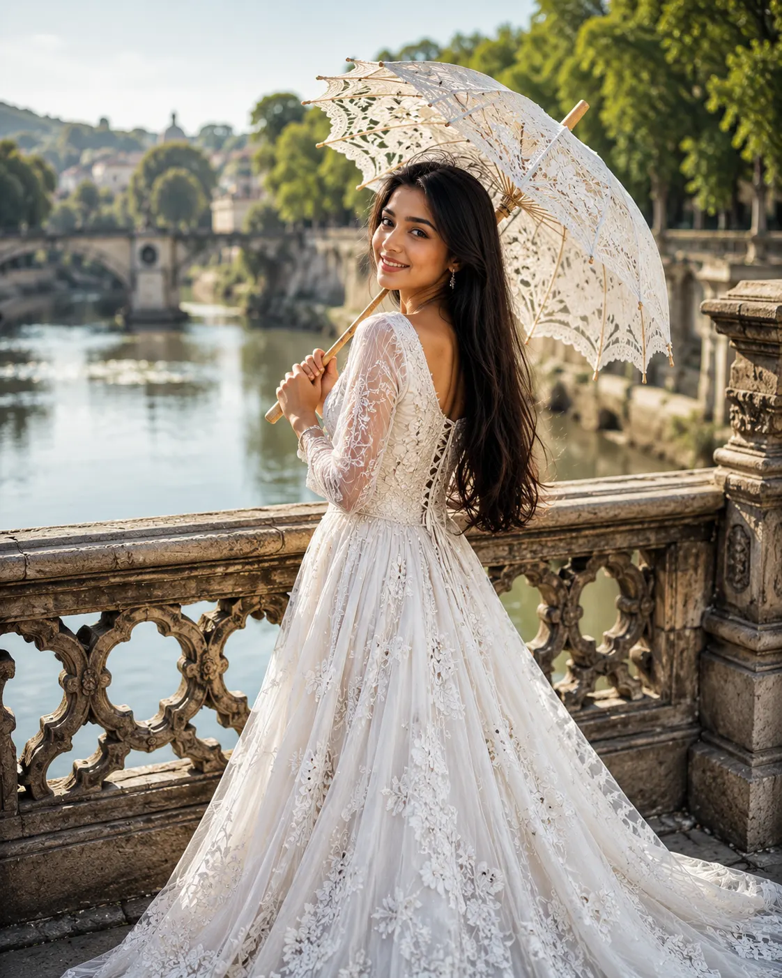 "Wrapped in grace, carrying sunshine beneath a lace umbrella."