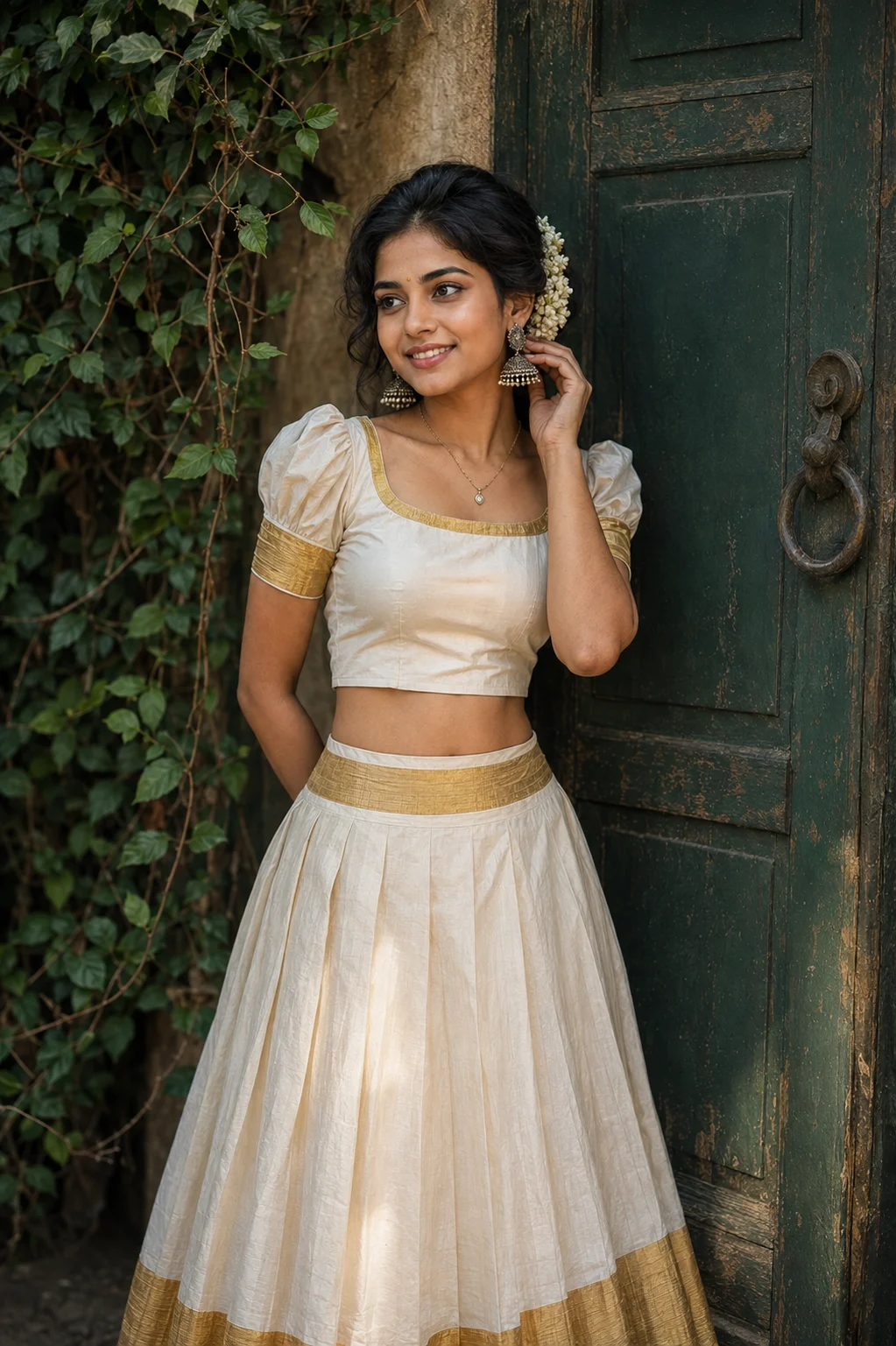 Elegant South Indian Woman in Traditional White & Gold Silk Lehenga