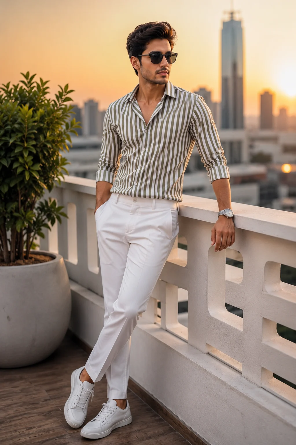 "Modern Gentleman: Rooftop Casual Fashion Portrait"