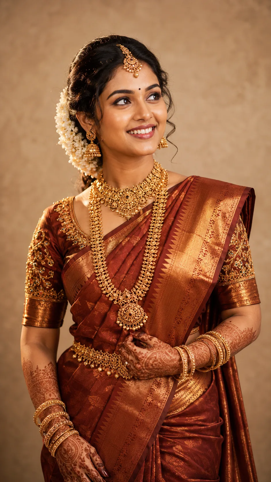 "Golden Grace – Timeless South Indian Bridal Elegance"