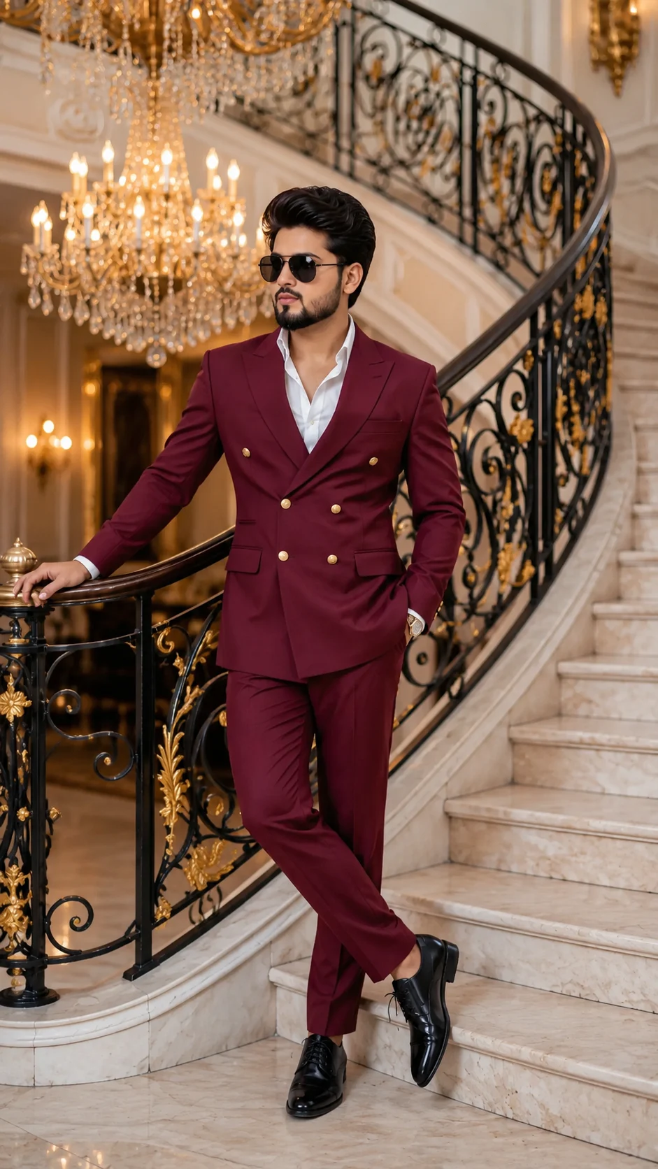 Luxury Gentleman in Burgundy Double-Breasted Suit
