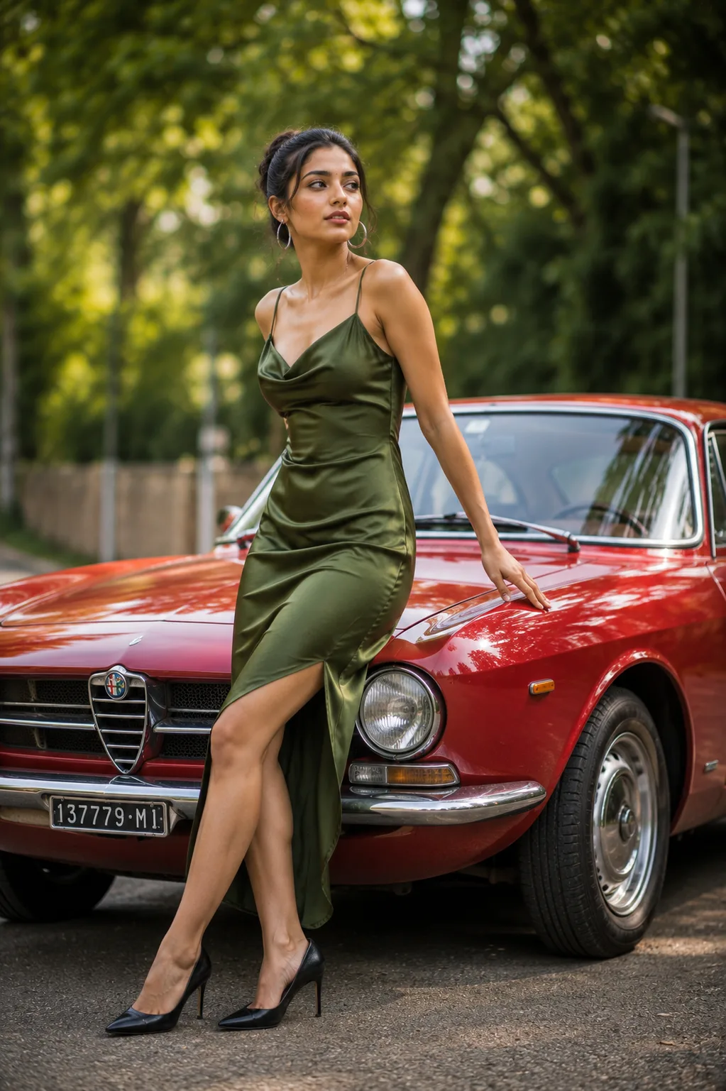 "Vintage Elegance – Timeless Beauty Beside a Classic Red Icon"