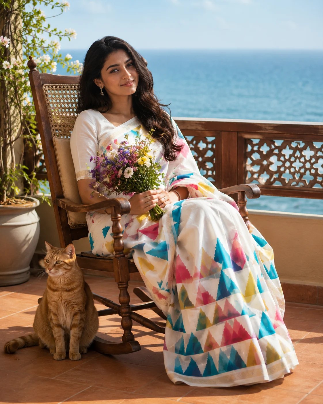 "Vibrant Saree, Fresh Blooms & Coastal Charm"