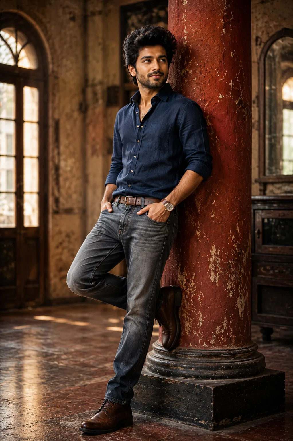 Stylish Young Man Leaning Against Vintage Wall