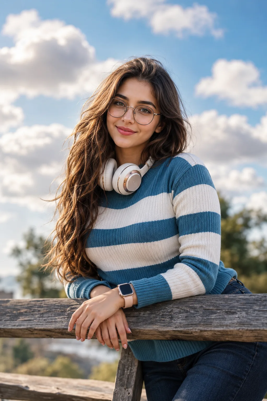 Stylish Young Woman with Glasses & Headphones