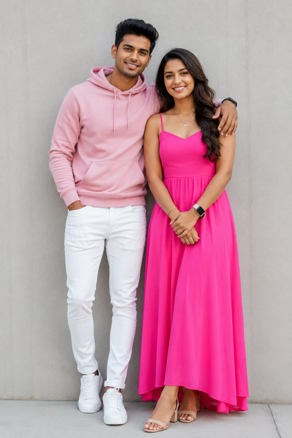 Happy Young Couple in Pink Casual Outfits