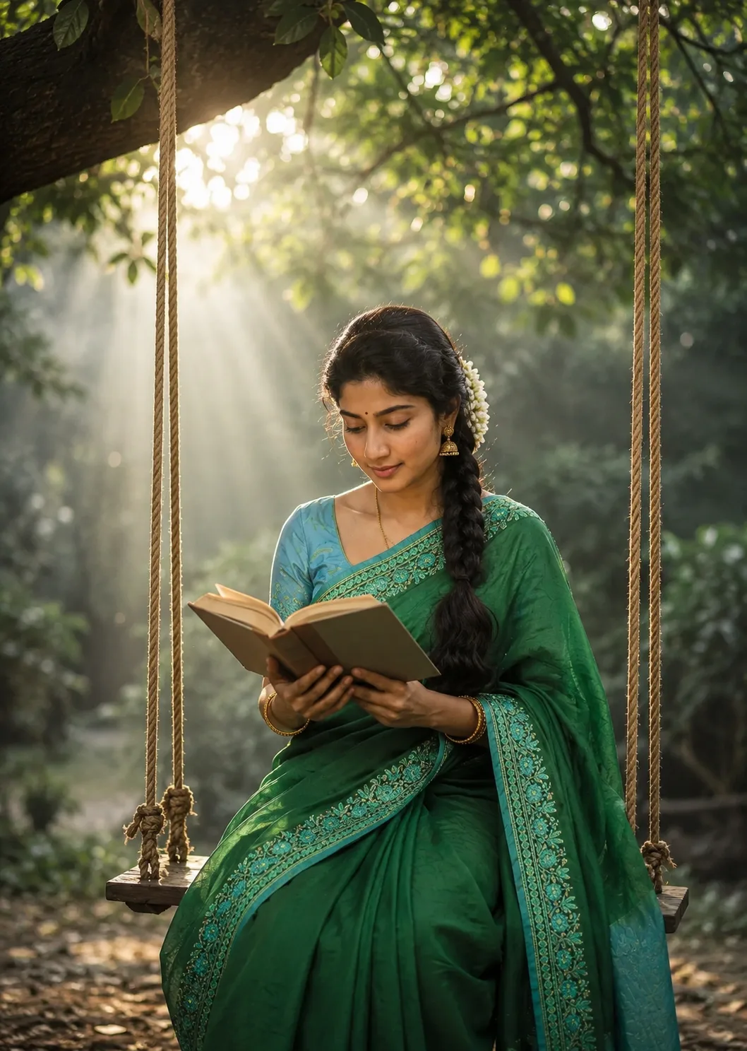 Peaceful South Indian Woman Reading a Book on a Wooden Swing